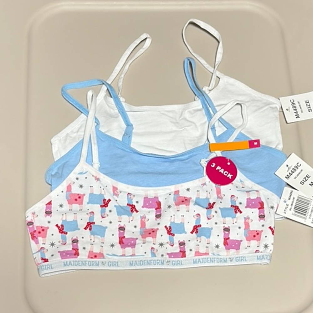 Maidenform Girls' 3-Pack cotton training bra Set - White, Blue, Pink Llama